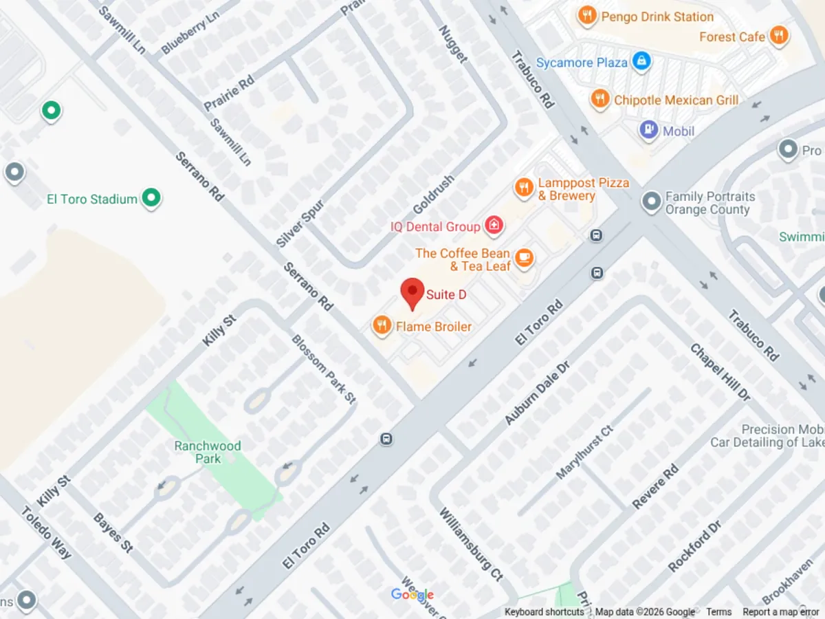 Map preview showing Affinity Acupuncture at 22481 El Toro Rd, Suite D, Lake Forest, CA. Map data ©2026 Google.